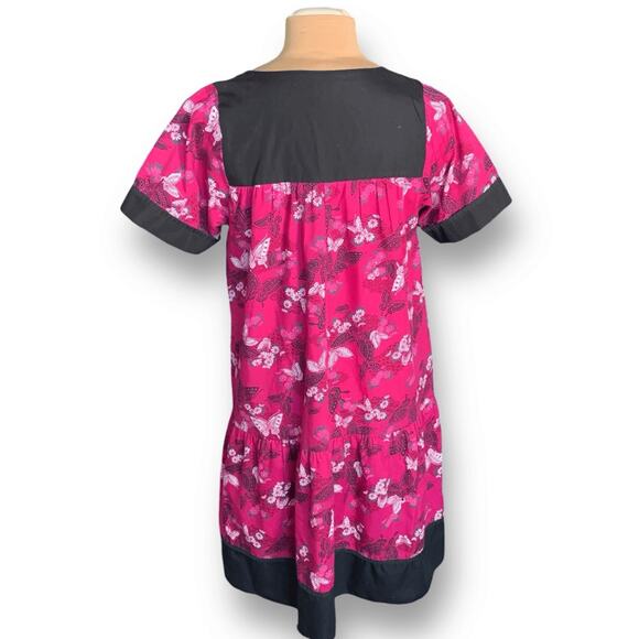 Vintage RM Made in Hawaii Pink Butterfly Dress Black Trim Square Neck Ruffle Hem - Picture 2 of 9